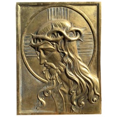 Early 1900 Heavy Art Nouveau Bronze Wall Plaque of Jesus - Christ by Hautfenne