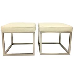 Pair of Leather Top and Brushed Steel Cube Stools Ottomans, Signed