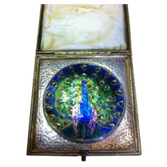 Arts and Crafts Peacock Enamel Mounted in a Silver Frame Attributed C R Ashbee