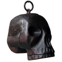 Antique 18th Century Oak and Iron Mounted Memento Mori Doorstop Carved as a Human Skull