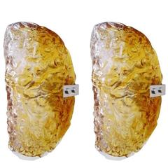 Pair of Amber Colored Murano Glass Sconces by Mazzega