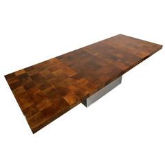 Huge Mid Century Burl Patchwork and Chrome Dining Table by Milo Baughman