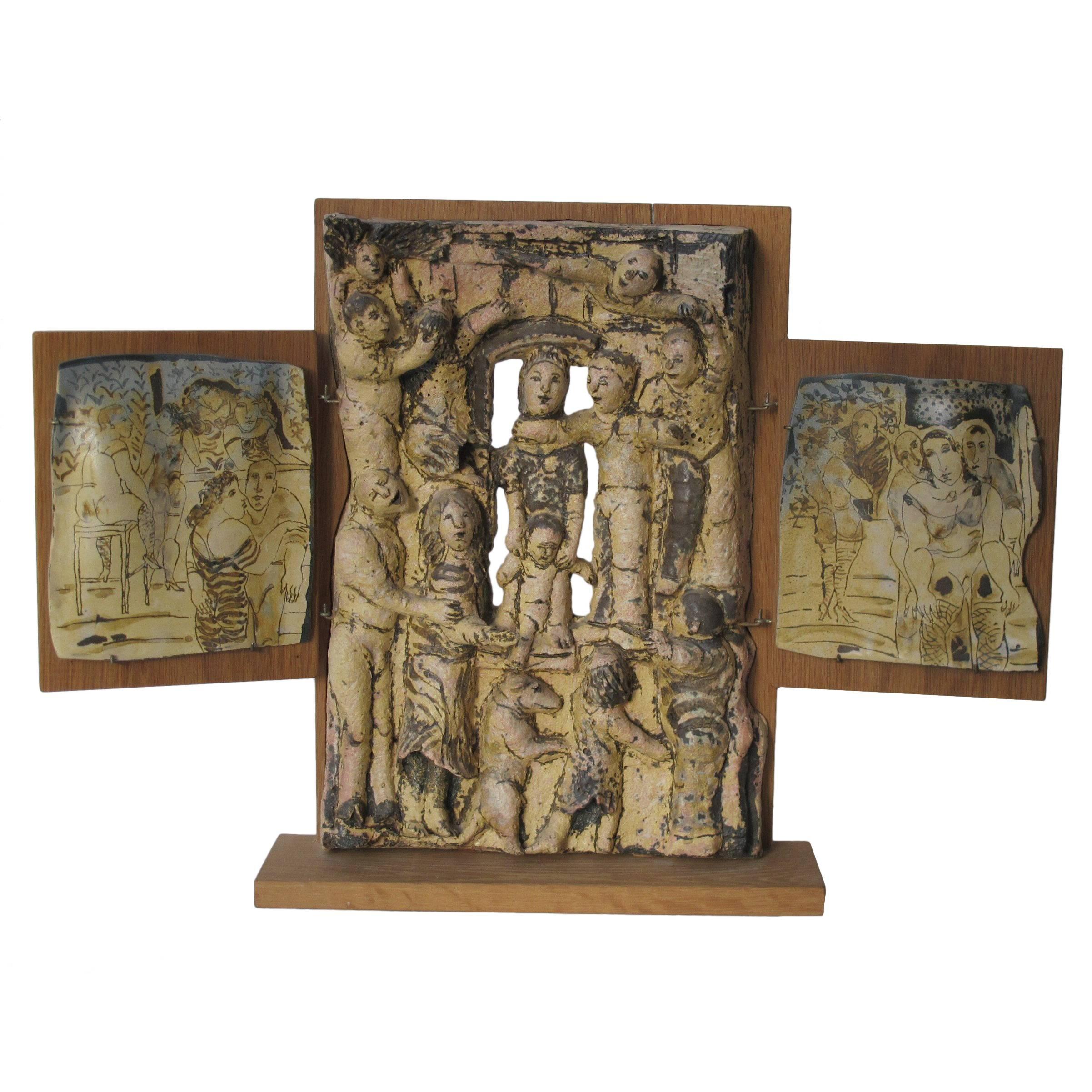 Lies Cosijn, Stoneware Triptych on Wooden Boards, 1997 For Sale