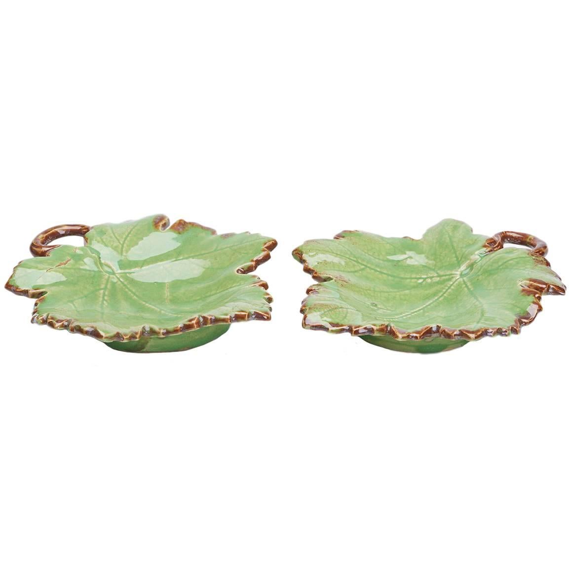 Greber Pair of French Art Pottery Green Leaf Dishes, circa 1899-1933 For Sale