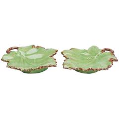 Greber Pair of French Art Pottery Green Leaf Dishes, circa 1899-1933