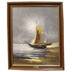 Oil Painting on Canvas of Ships Out at Sea Signed Belfort, 1950s