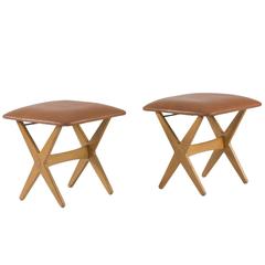 Pair of Oak and Leather Stools by Alf Svensson