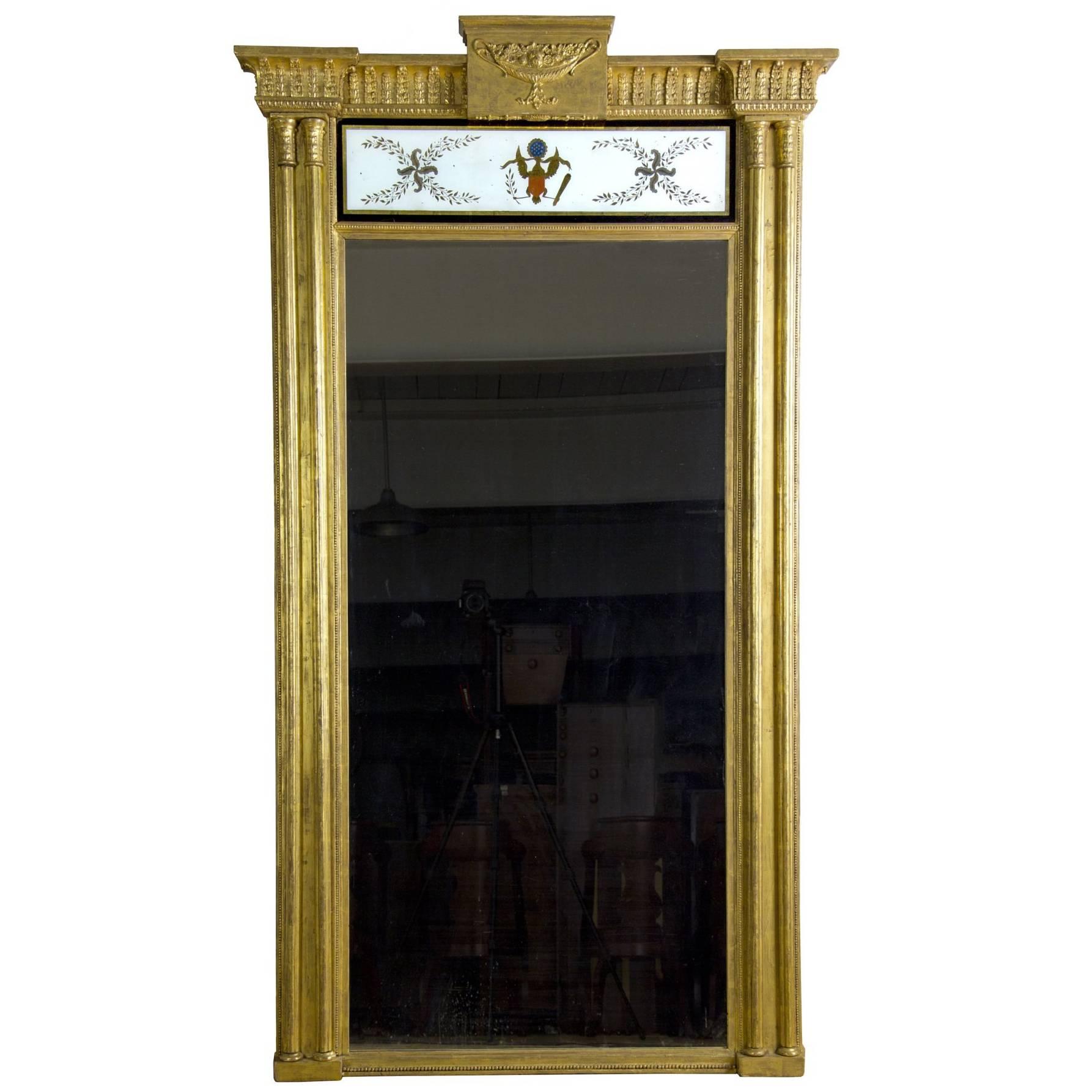 Monumental Gilt Pier Mirror with Reverse Painting with American Eagle For Sale