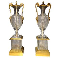 Large Pair of Baccarat Style Cut Crystal and Gilt Bronze Table Lamps