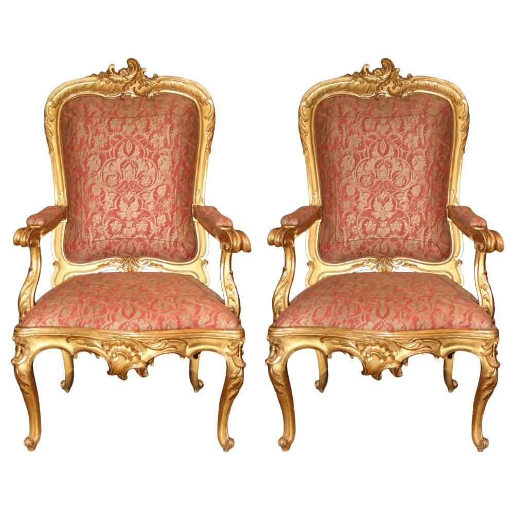 Pair of 18th Century Roman Louis XV Giltwood Rocaille Fauteuil Armchairs For Sale