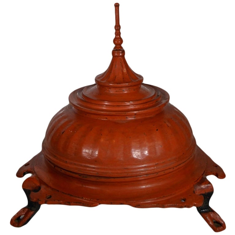 Antique Burmese Red Carved Wood Offering Basket from the 19th Century