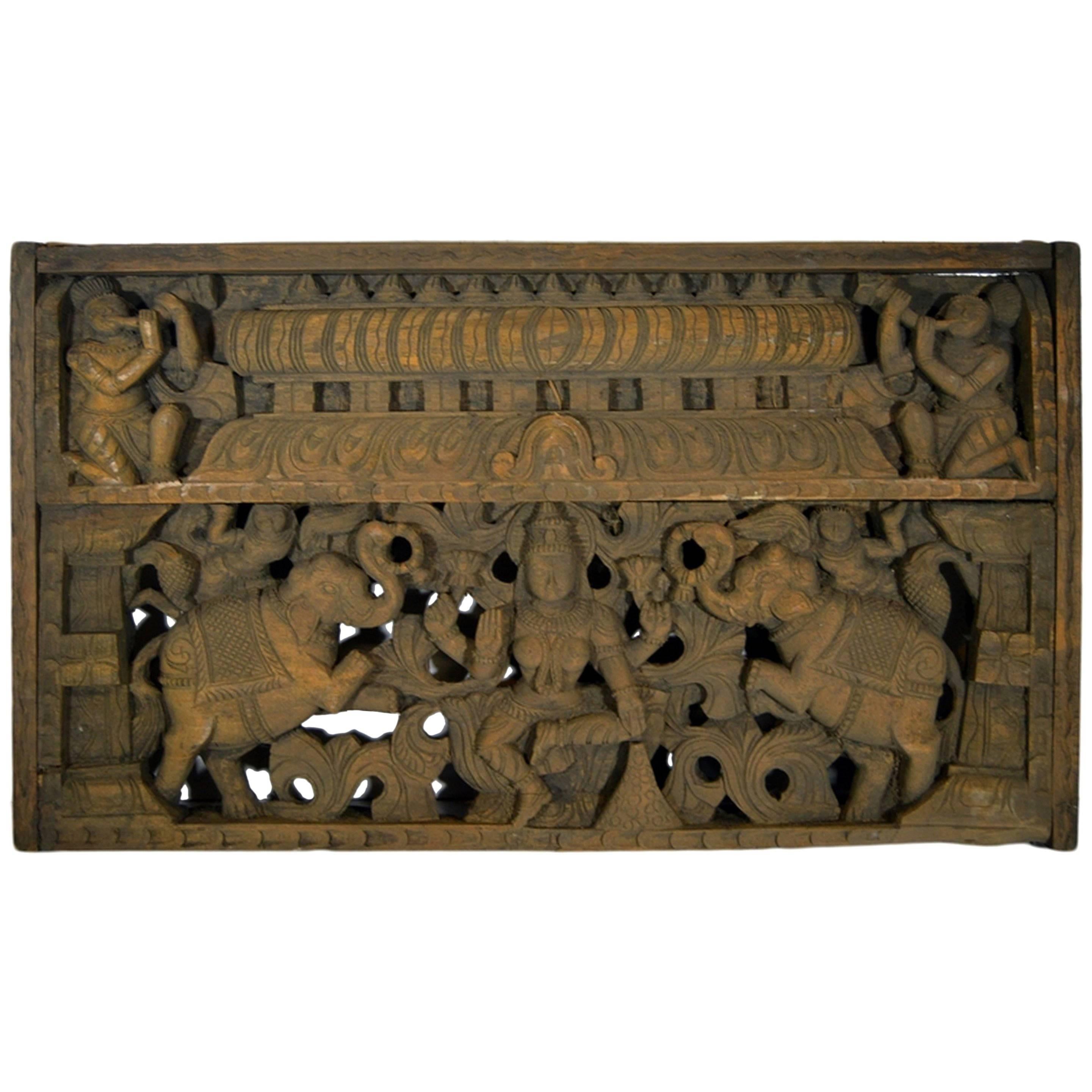 Ancienne plaque de temple religieux indienne Sheesham sculptée à la main, début du 20ème siècle