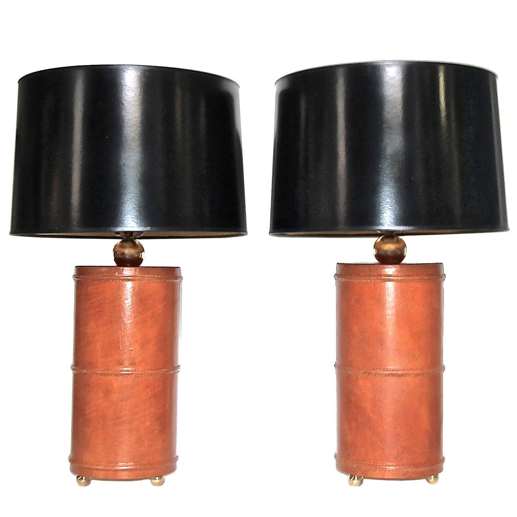 Pair of Stitched Leather and Brass Table Lamps after Adnet