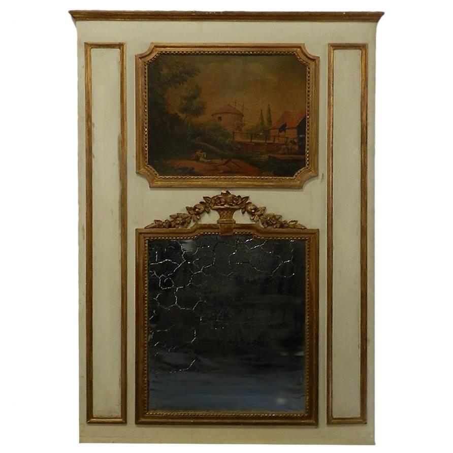 19th Century French Trumeau Mirror Oil Painting Giltwood Overmantel
