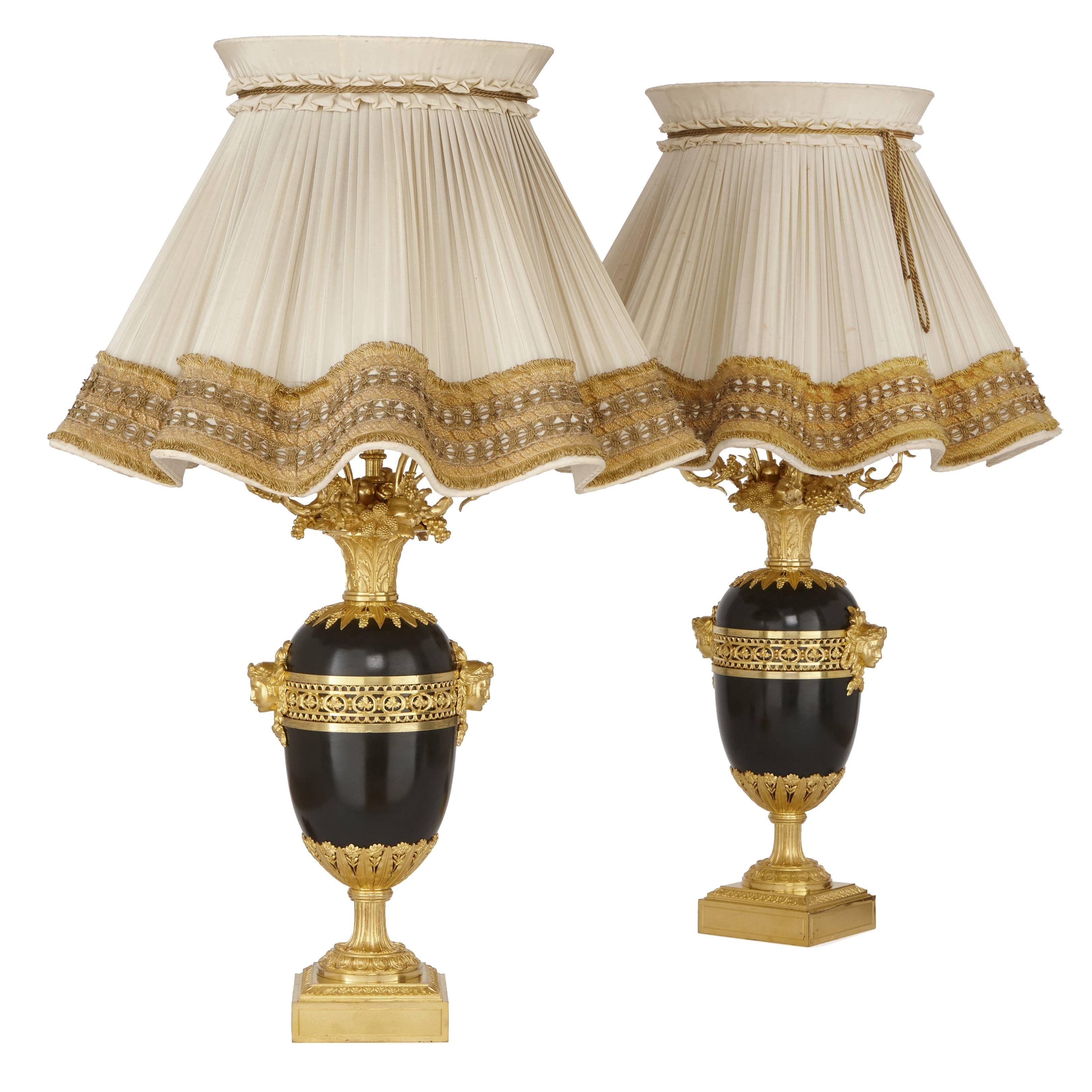 Pair of Gilt and Patinated Bronze Antique French Lamps by Henry Dasson