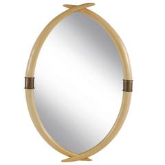 Hollywood Regency Brass and Faux Ivory Tusk Wall Mirror, Mid-Century Modern