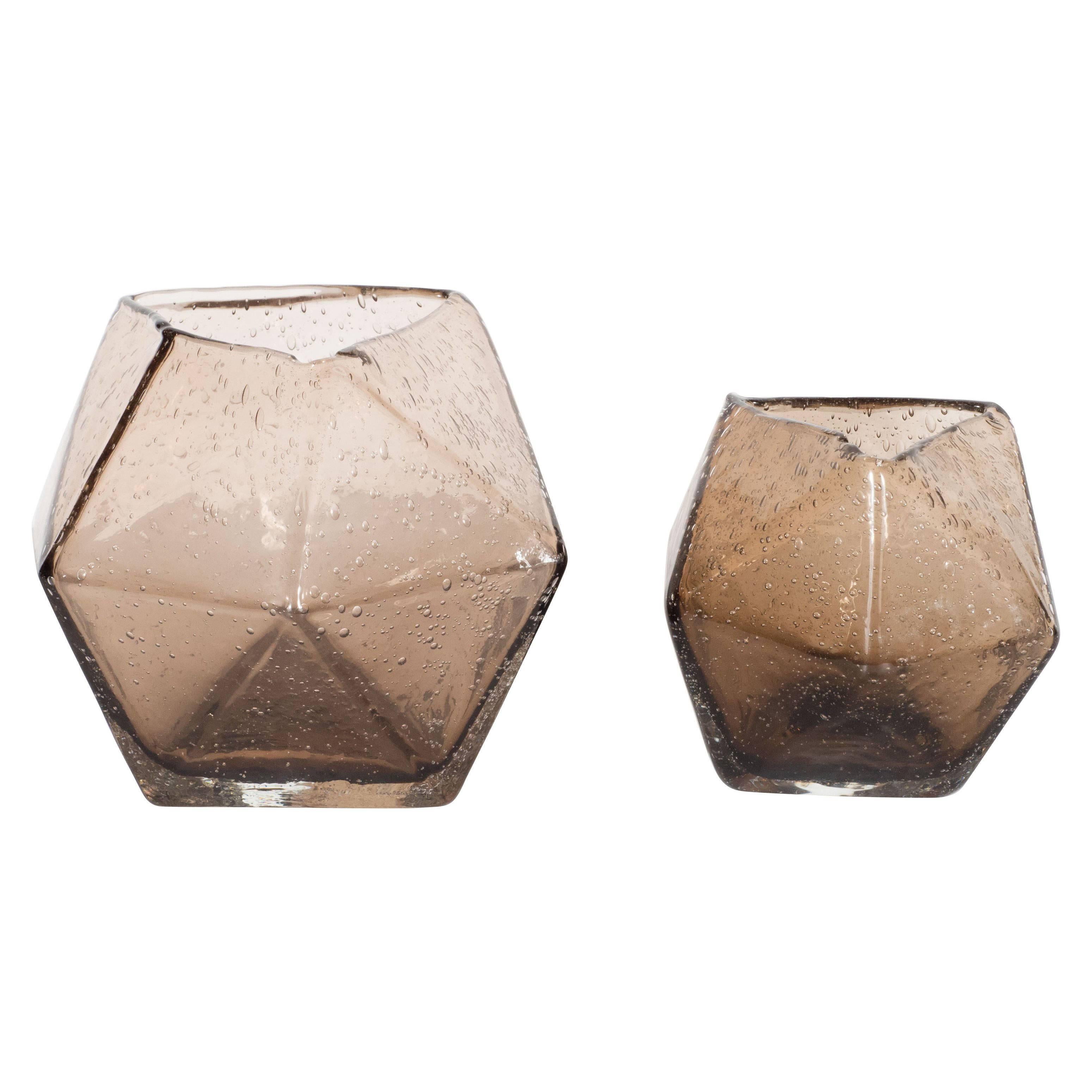 Pair of Modernist Handblown Smoked Glass Polyhedral Sphere Vases