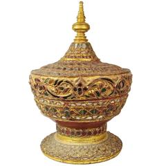 Large 19th Century Burmese Glass Encrusted Lacquer Ware Basket