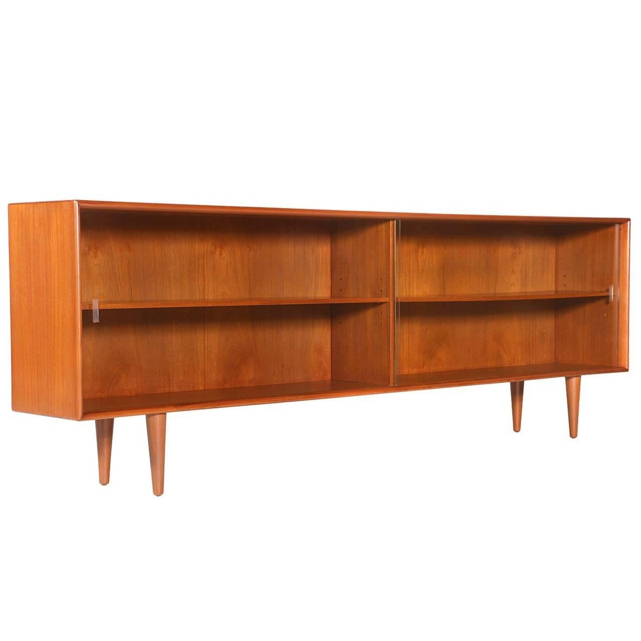 Danish Modern Low Profile Teak Bookcase with Glass Doors