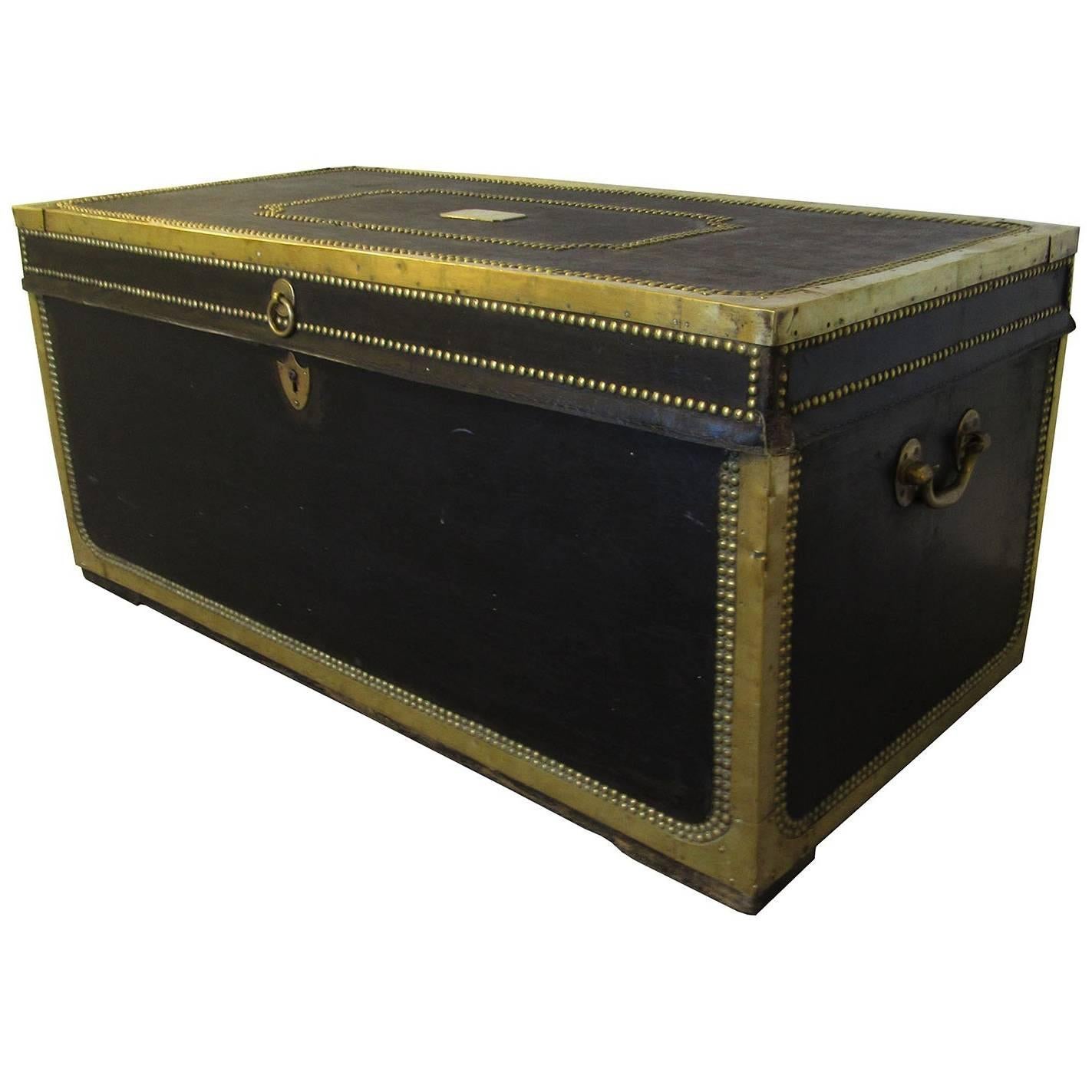 19th Century China Trade Leather and Brass Banded Camphor Wood Trunk