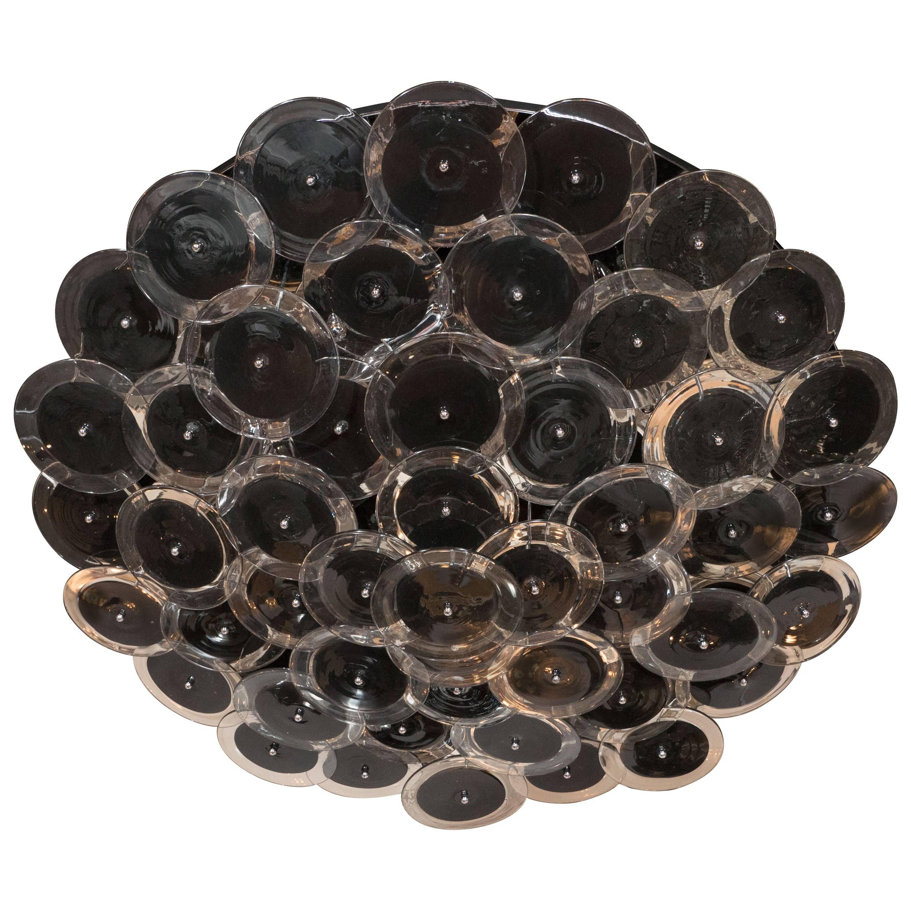 Flush Mount Vistosi Murano Disc Chandelier in Black and Clear Glass