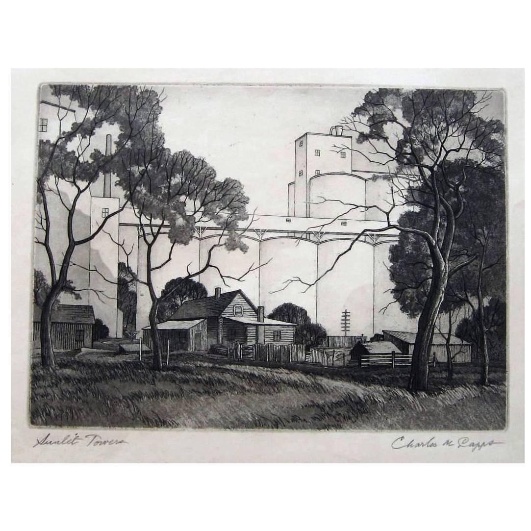Charles Capps Original Pencil Signed Etching, 1954, "Sunlit Towers"