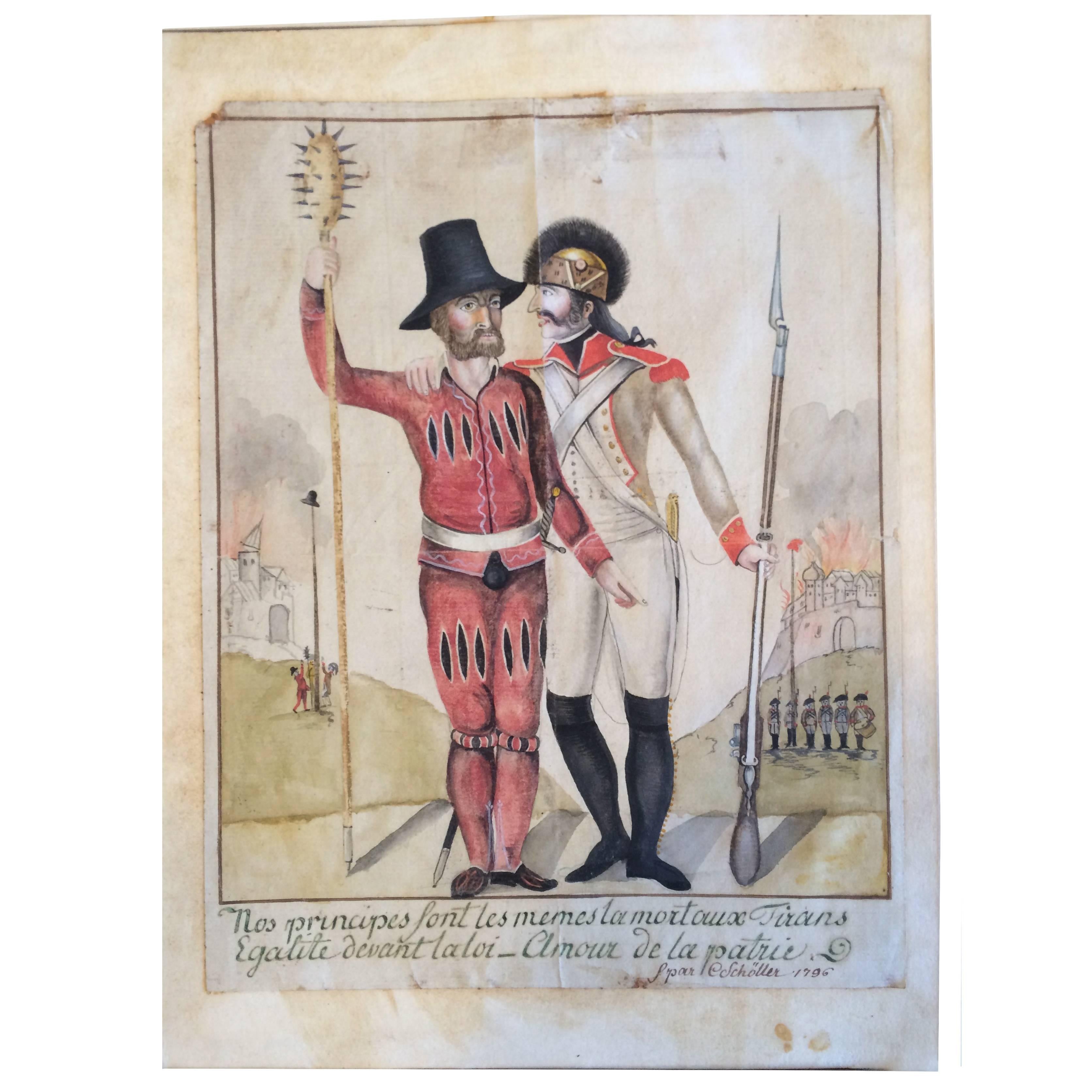 18th Century French or Swiss Military Watercolor, Signed and Dated For Sale