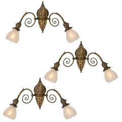 Set of Three Double-Arm Empire Sconces with Etched Shades, circa 1895