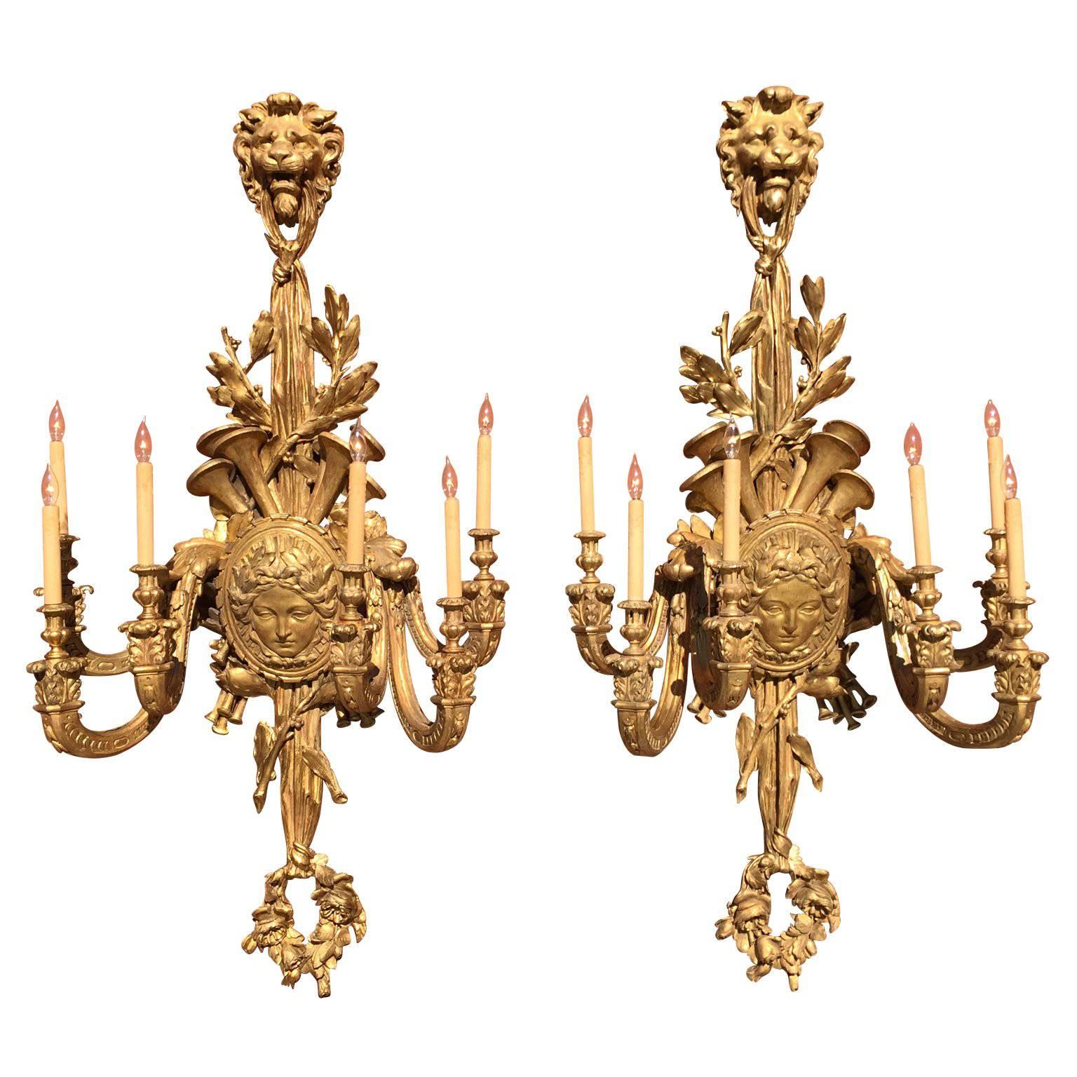 Palatial Pair of French 19th Century Louis XV Style Giltwood Carved Wall Lights For Sale
