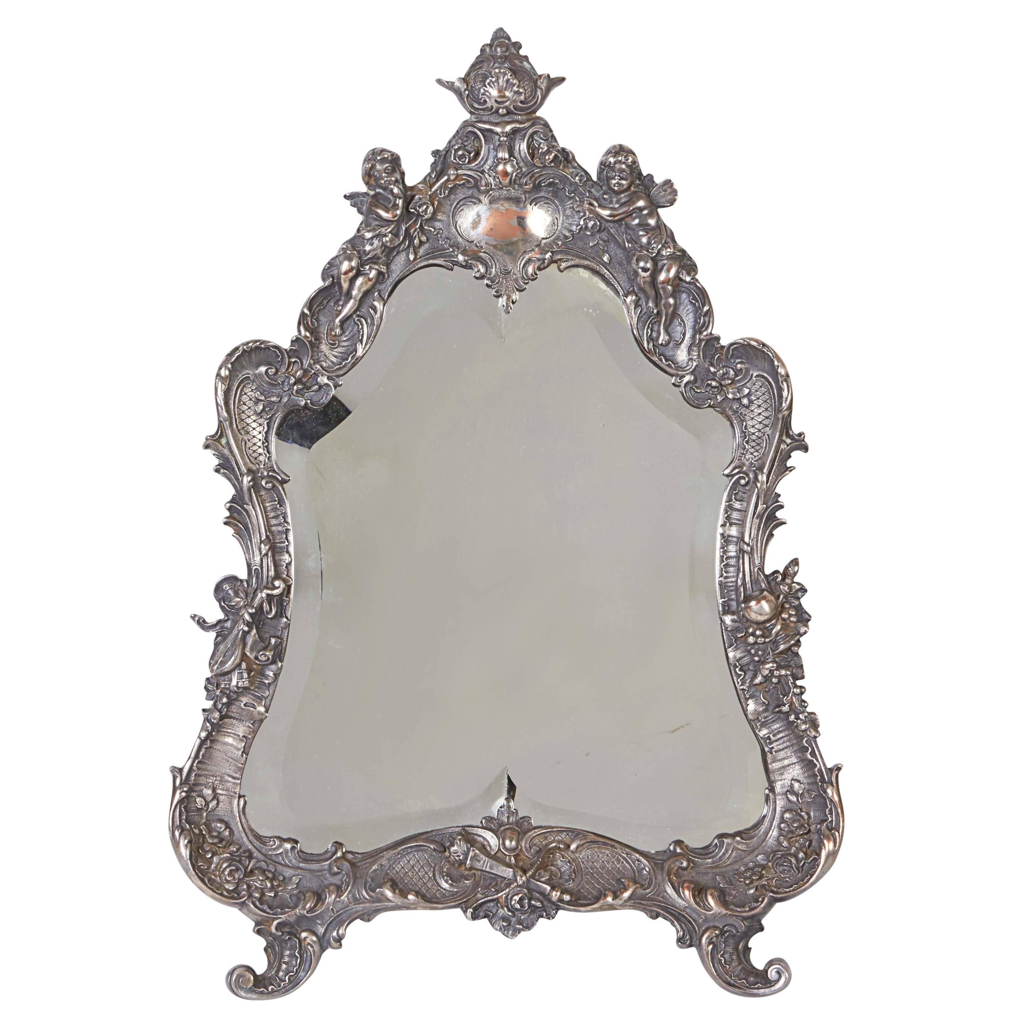Victorian Silver Plate Vanity Mirror with Cherub Design at 1stDibs