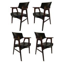 Set of Four Erik Kirkegaard Chairs, Rosewood and Black Leather