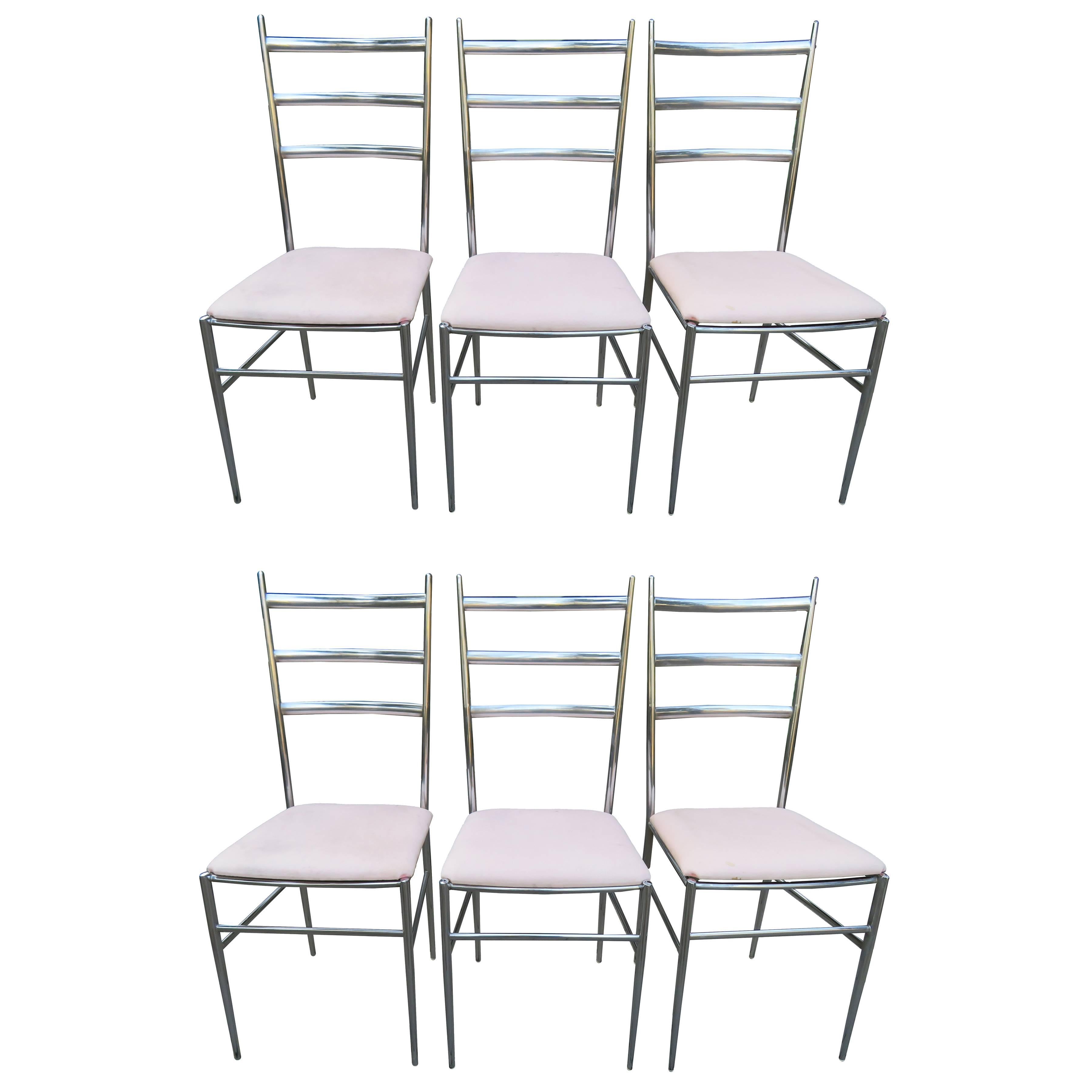 Six Chrome Ladder Back Dining Chairs in the Style of Gio Ponti Mid-Century, Set For Sale