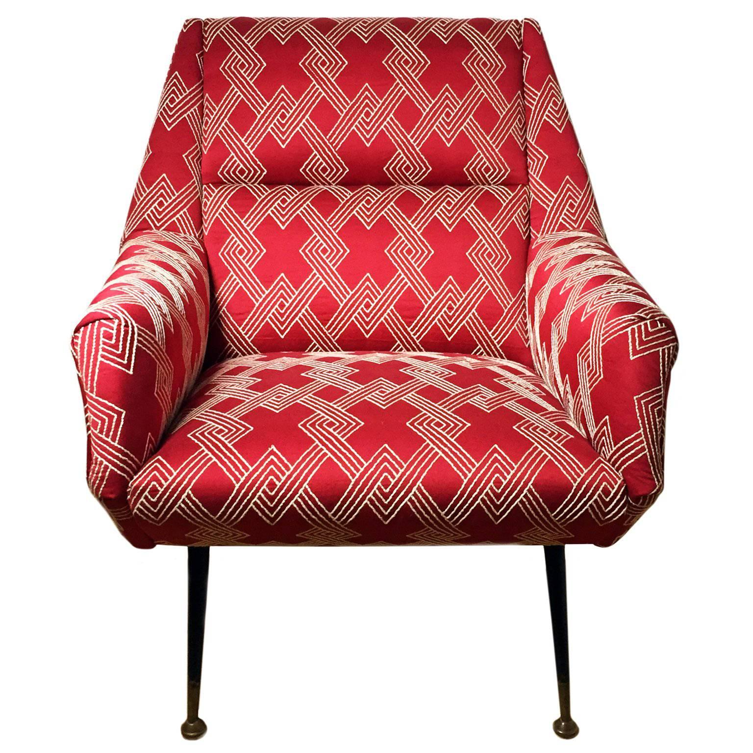 Mid-Century Italian Angled Back Club Chair in Red and White Geometric Fabric