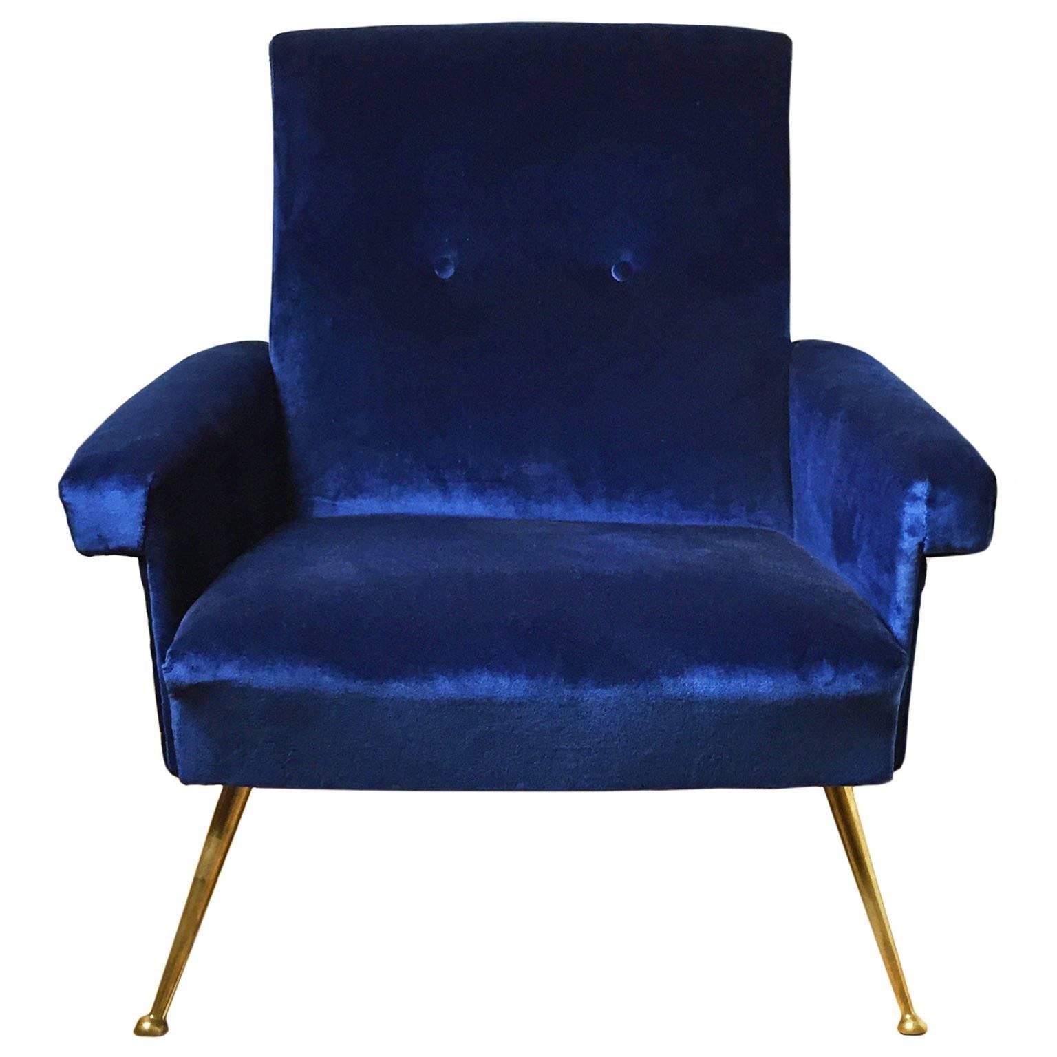 1960s Italian Button Back Club Chair in Blue Velvet