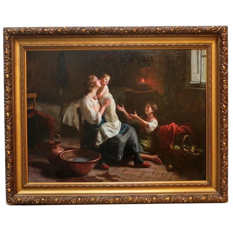 Italian Oil Painting of an Interior Scene "Bath Time" by Giuseppe Magni