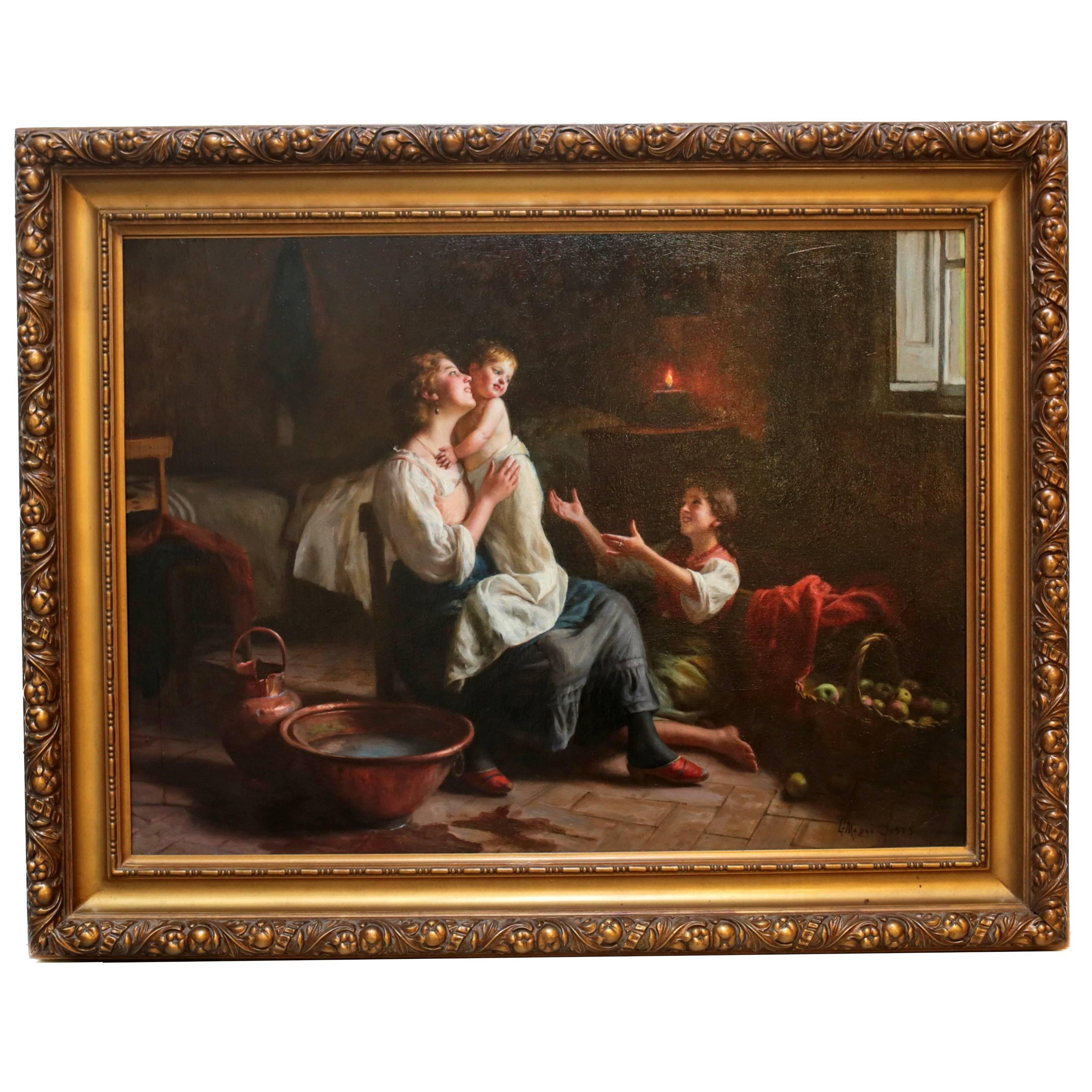 Italian Oil Painting of an Interior Scene "Bath Time" by Giuseppe Magni For Sale