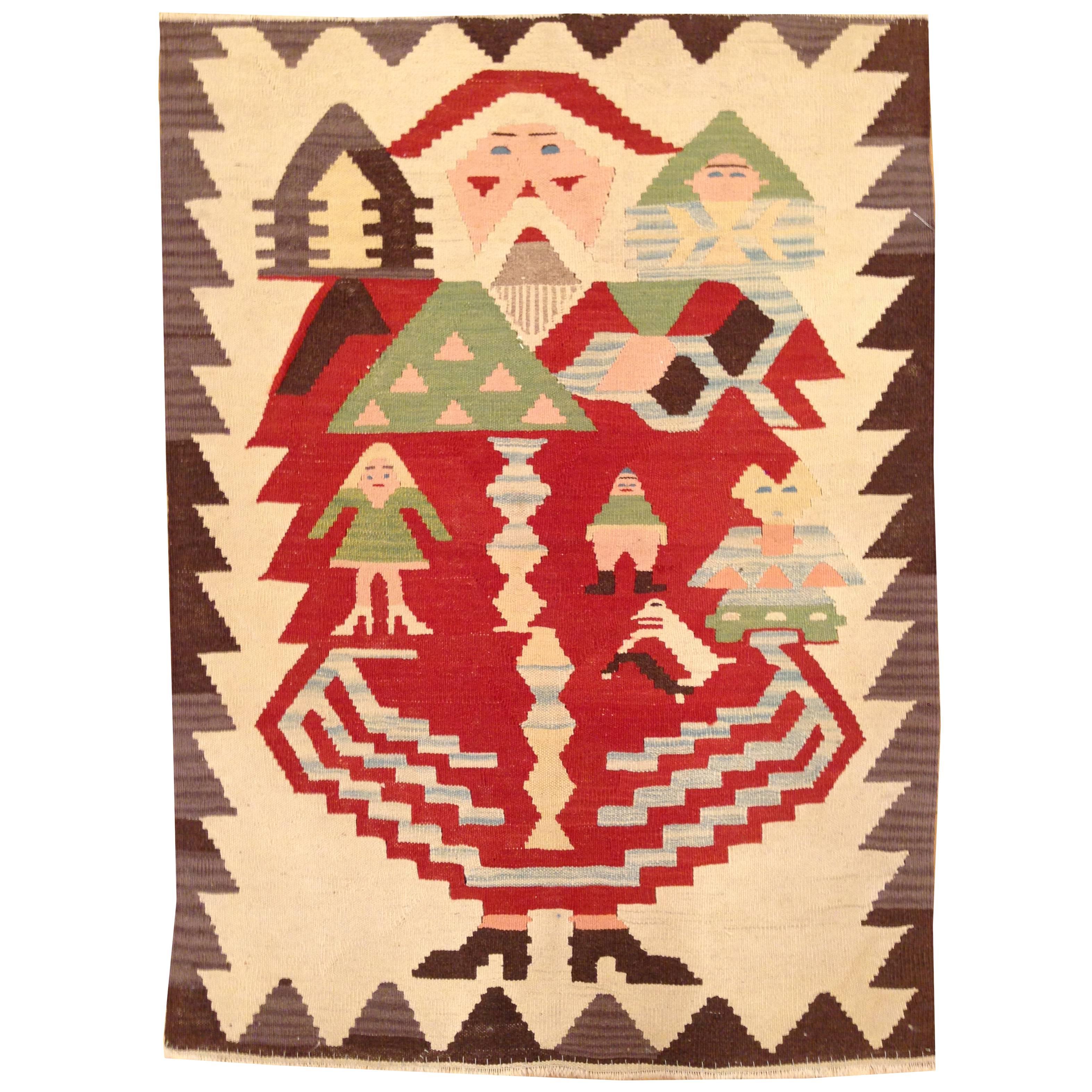 Vintage Turkish Flat-Woven Rug, in Small Size, w/ Baba Noel (Santa Claus) Design