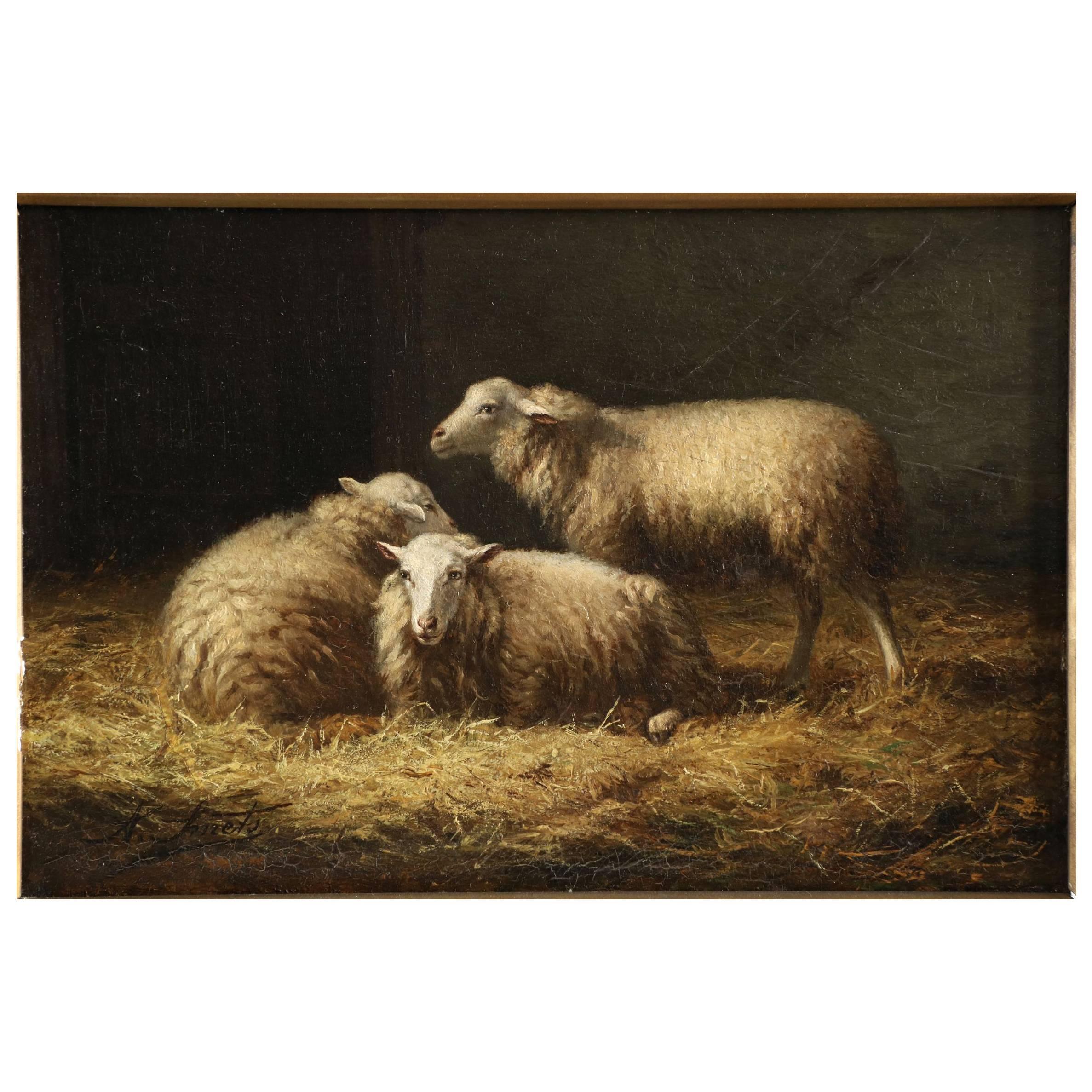 Albert Smets Antique Oil Painting of Three Sheep in Barn, circa 1878