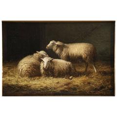 Albert Smets Antique Oil Painting of Three Sheep in Barn, circa 1878