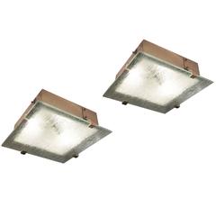 Pair of Mid-Century Flush Mounts with Etched Glass