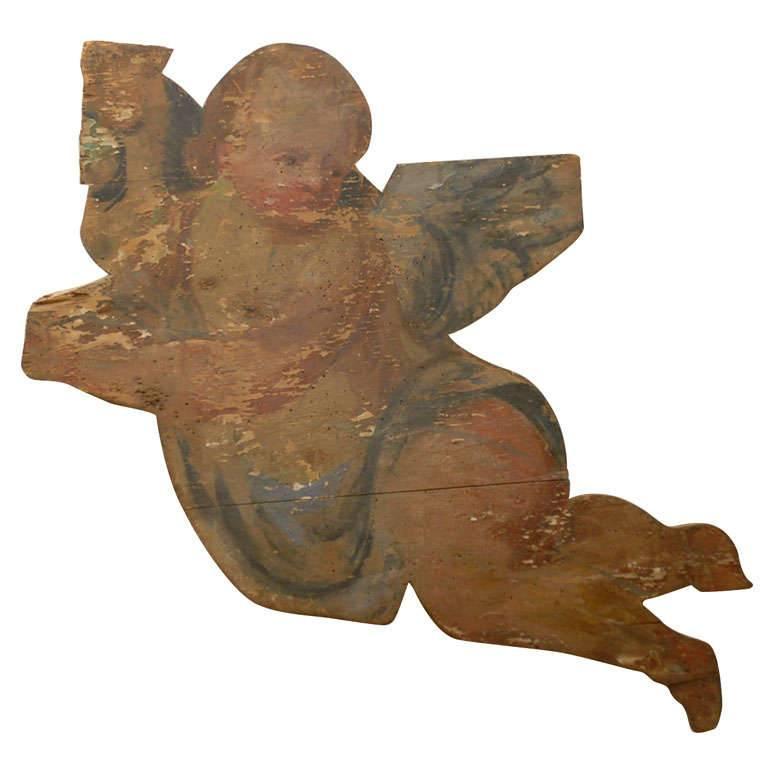 18th Century French Baroque Style Painted Wood Flying Cherub Wall Decoration