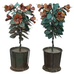 Pair Brutalist Industrial Mid Century Iron Planter Pot Table Statue Sculpture Pair Brutalist Industrial Mid Century Iron Planter Pot Table Statue Sculpture