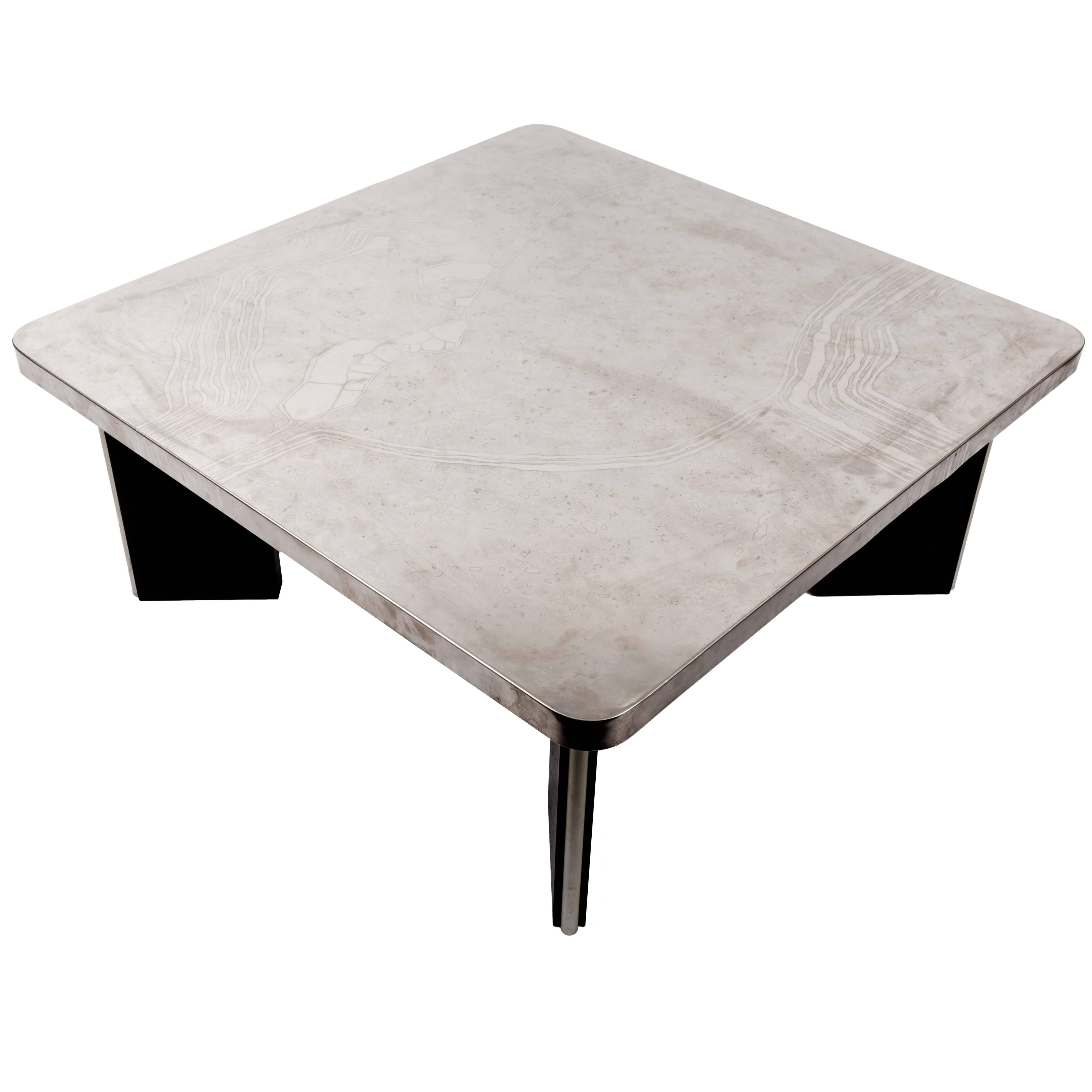Modernist Aluminum Cocktail Table with Etched Design, on Black Wooden Base