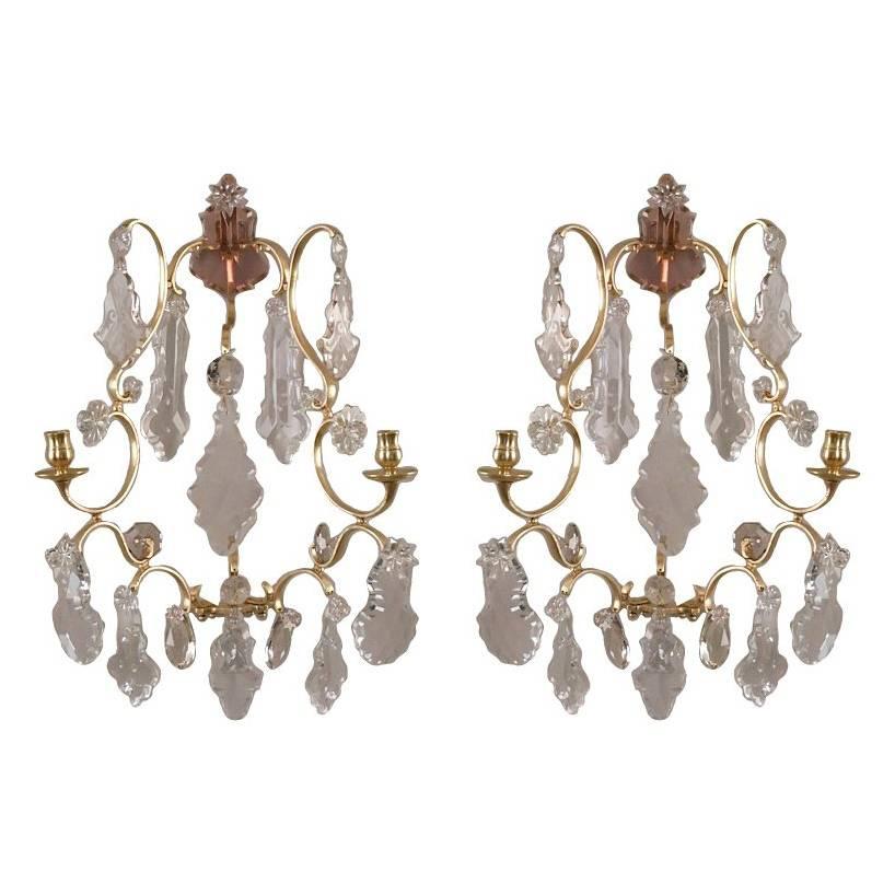 Pair of Rococo Brass and Crystal Sconces For Sale