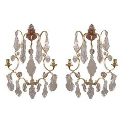 Pair of Rococo Brass and Crystal Sconces