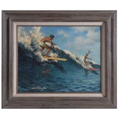 Retro Arthur Sarnoff, Oil on Board, 'Riding the Crest' Surfing Painting