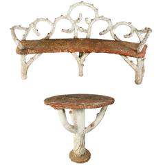 1930s Painted Faux Bois Garden Bench and Table 4