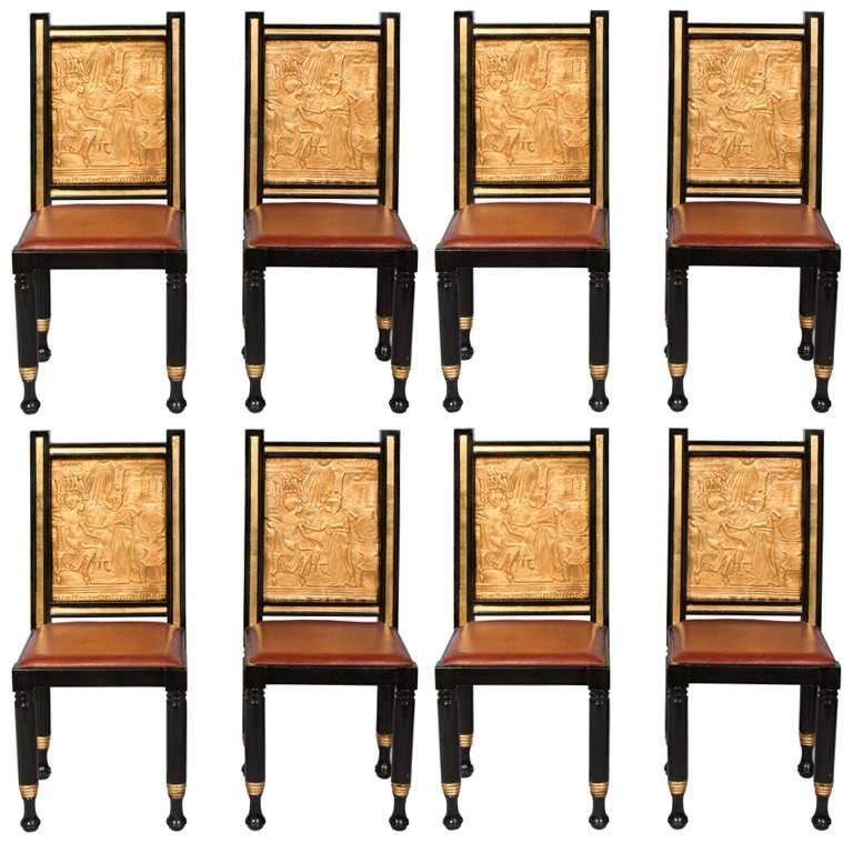 Set of Eight Gilt and Painted Egyptian Inspired Dining Chairs For Sale