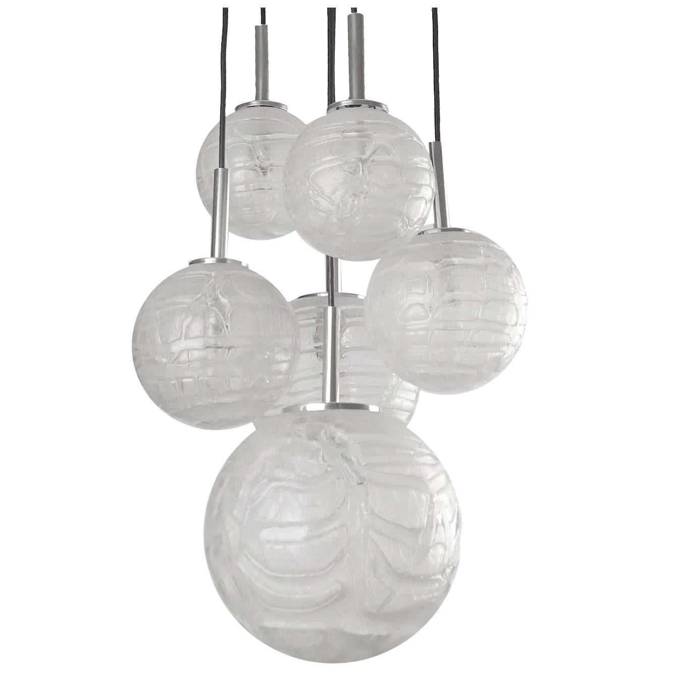 Mid-Century Modern Large Cacasde Design Doria Brass Glass Globes Chandelier Pendant Light 