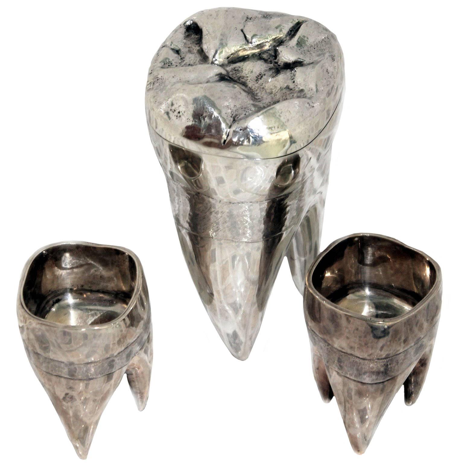 Alfred Dunhill Silver Cigarette Box and Ashtrays Modelled as Molar Teeth For Sale